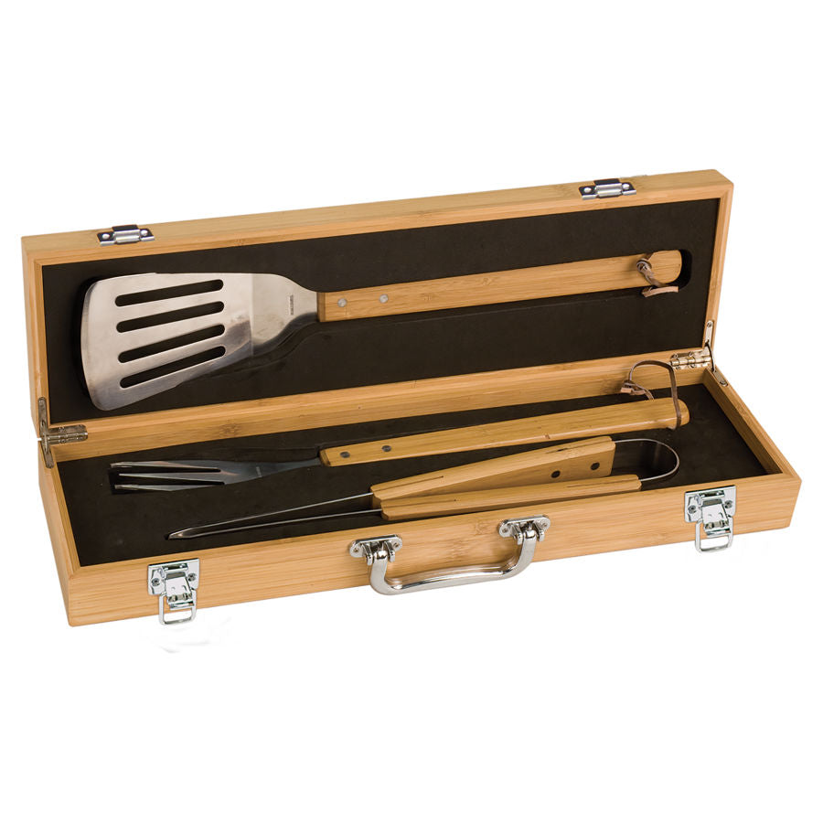3 pc Bamboo BBQ Set in Bamboo Case
